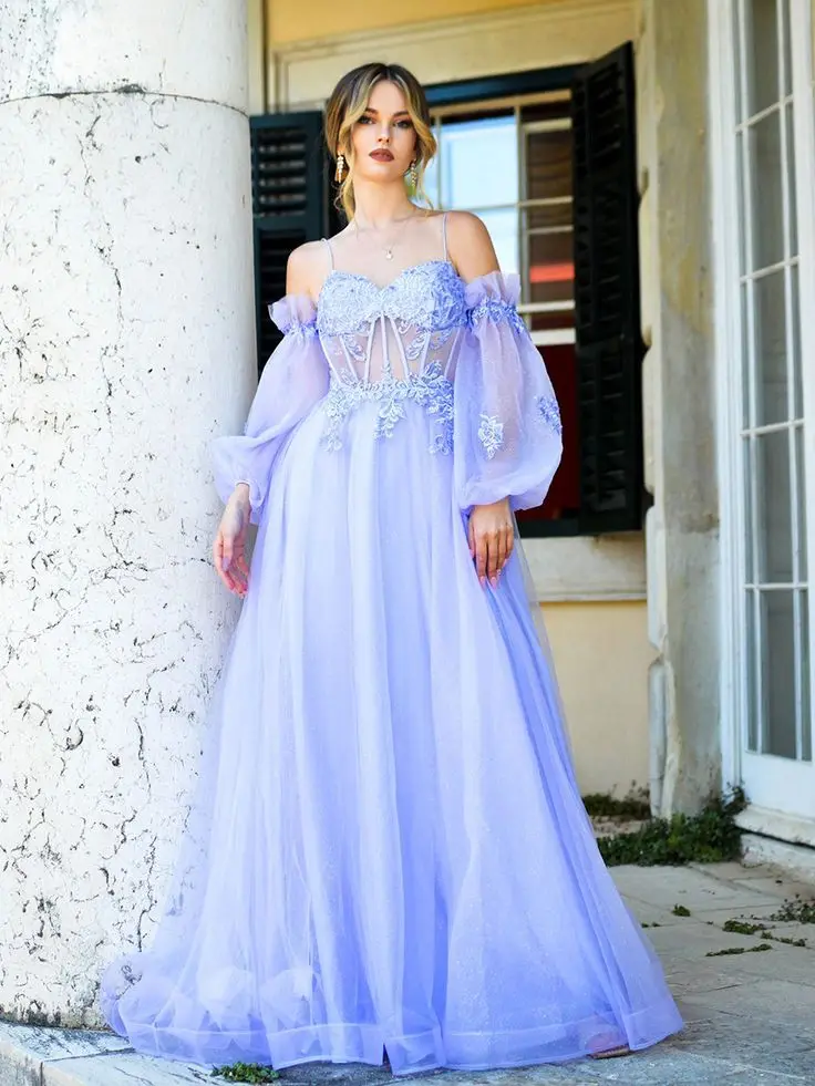 Lavender Prom Dresses Off Shoulder Tulle Lace Appliques Long Sleeves Formal Party Sweep Train Special Occasion Evening Gowns