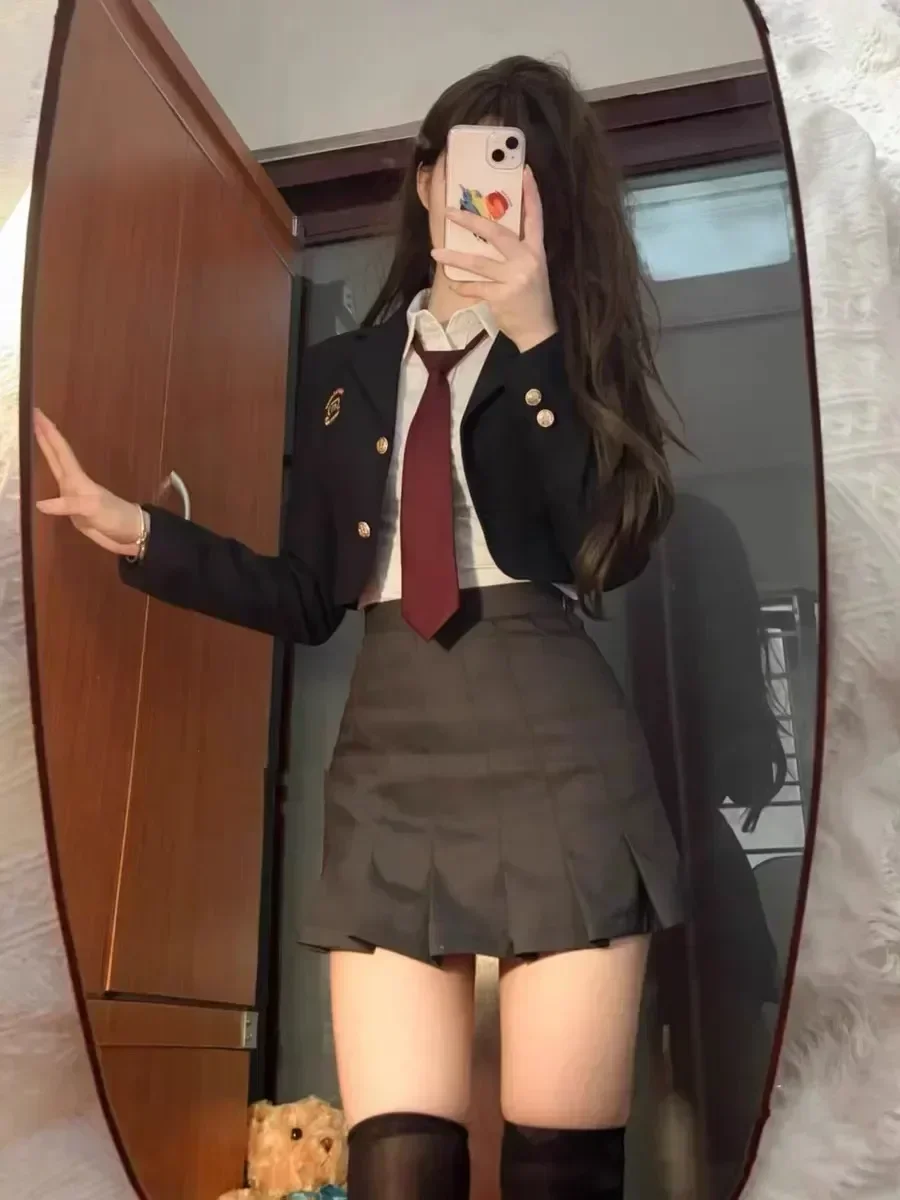 Daily Korean JK Uniform Set College Style Girls Short Suit Blazer Navy Coat Wrap Hip Skirt Tie Shirt Hot Girl Set Spring Autumn