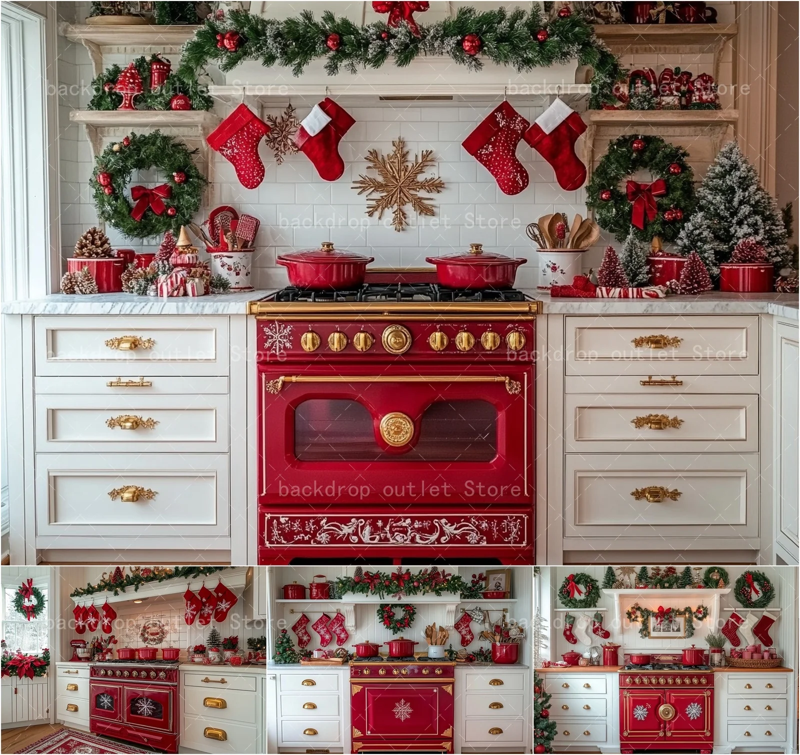 Mehofond Christmas Kitchen Photography Background Winter Red White Cupboard Kids Family Portrait Decor Backdrop Photo Studio