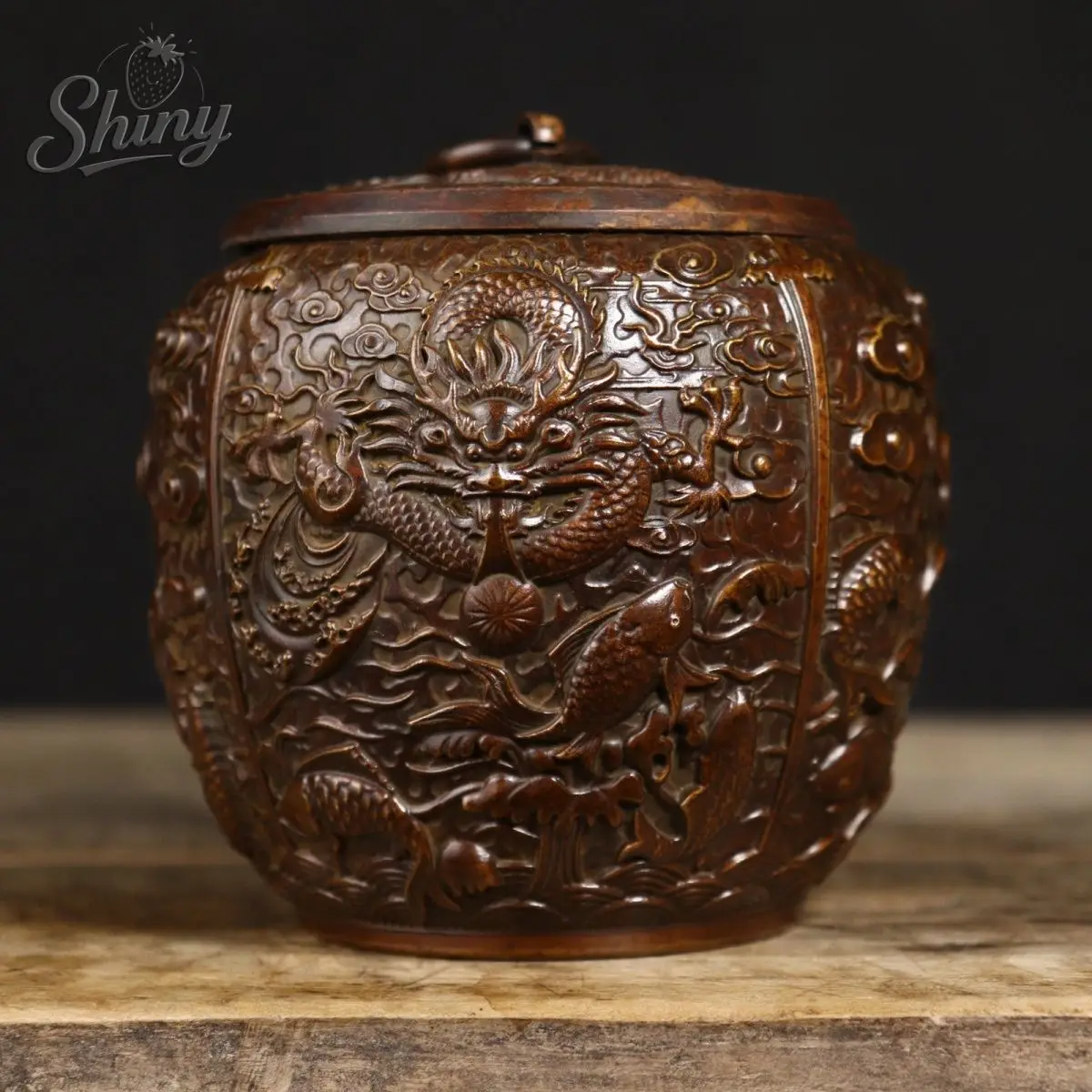 

Antique Solid Brass Dragon Gate Leaping Fish Tea Canister Storage Canister Desktop Organizer Gongfu Tea Set Accessories