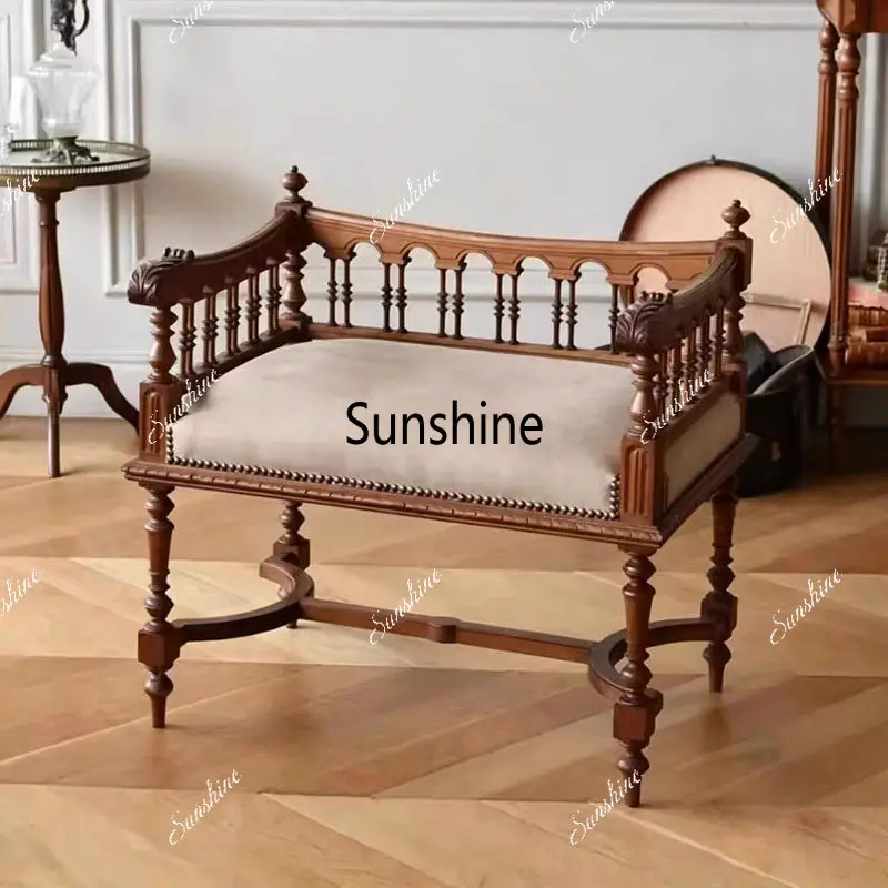 French medieval solid wood sofa chair bedroom carved backrest casual