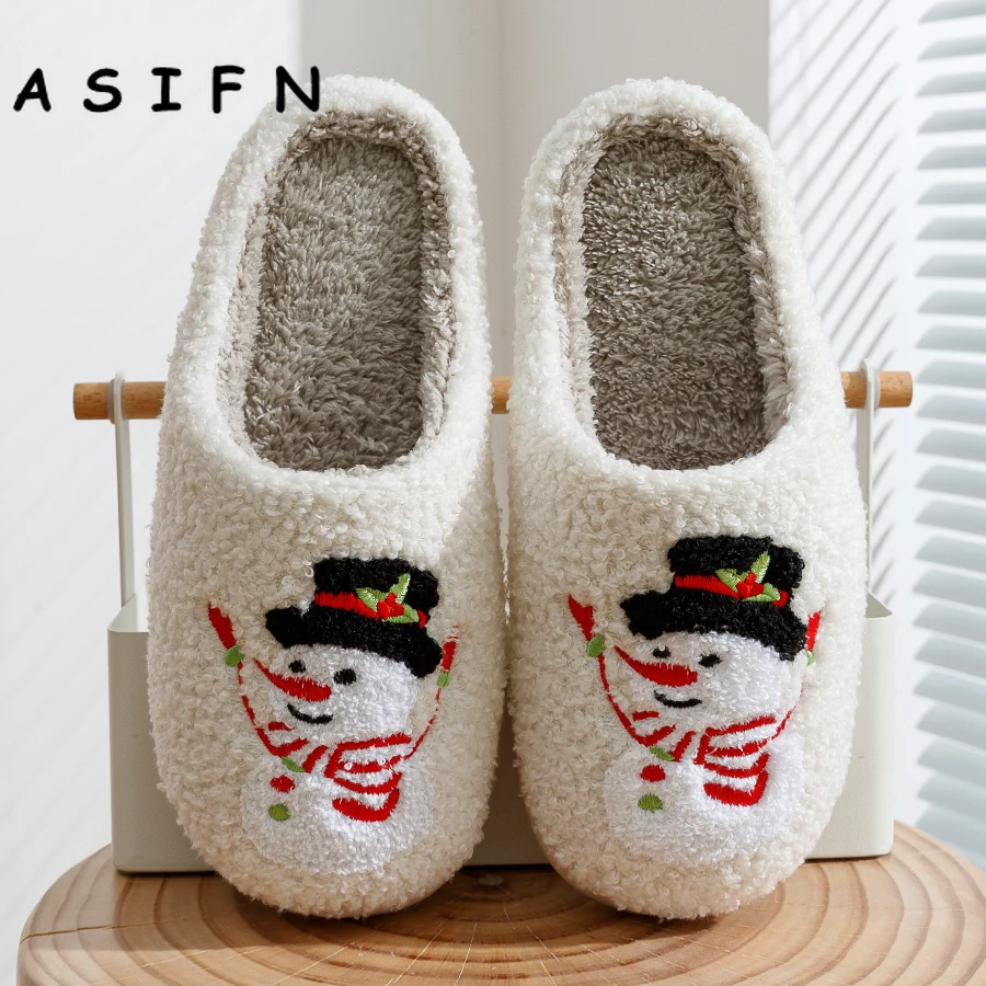 Snowman Winter Women Christmas Slippers Home Cotton Warm Non-slip Cute Flat Slip-on Merry Christmas Bedroom Comfy Shoes for Gift