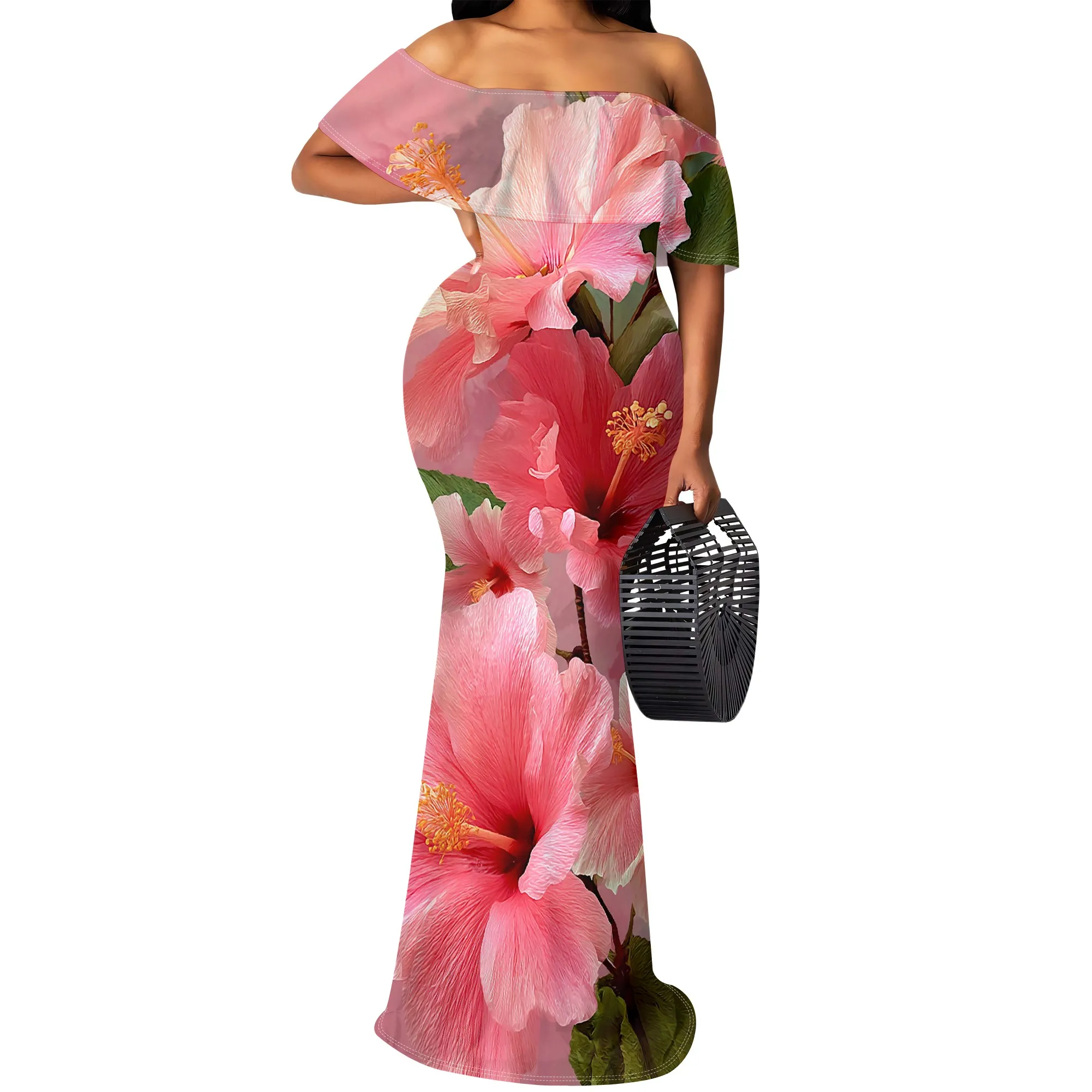 S-3XL Abstract Line Face Print Maxi Dress – Elegant Off Shoulder Art Style for Gallery or Street Chic Look
