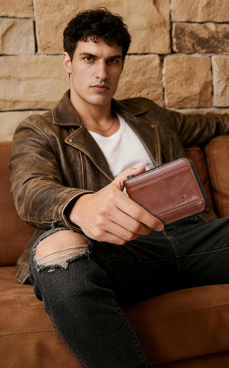 BULLCAPTAIN Geldbörse Retro Vintage Geldbörse Europäischer und Amerikanischer Horizontaler Stil Echtes Leder RFID Münz- und Kartenhalter Geldbörsen – Detail 5