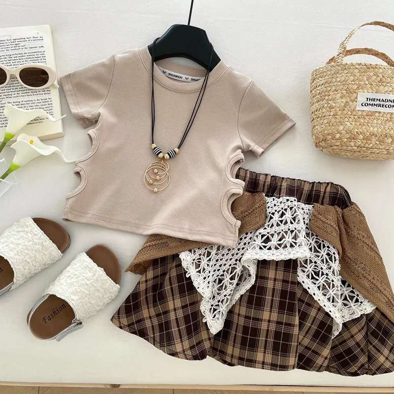 

Children's Outfit New Summer Korean Style Girl Fashion Versatile Short Sleeve Patchwork Plaid Skirt Ethnic Style Two-Piece Set