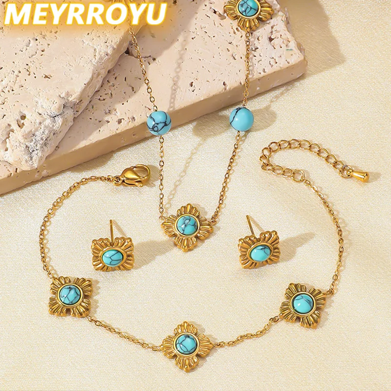 MEYRROYU 316L Stainless Steel Retro Diamond Shaped Flowers Turquoise Necklace Earrings Bracelet Set Girl New Trend Jewelry Gift