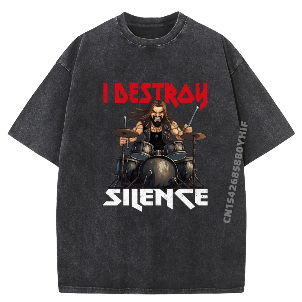 

New Arrival Loose Washed Shirt I Destroy Silence Drumsticks Drummer Grpahic Tee Mens Designer Clothes