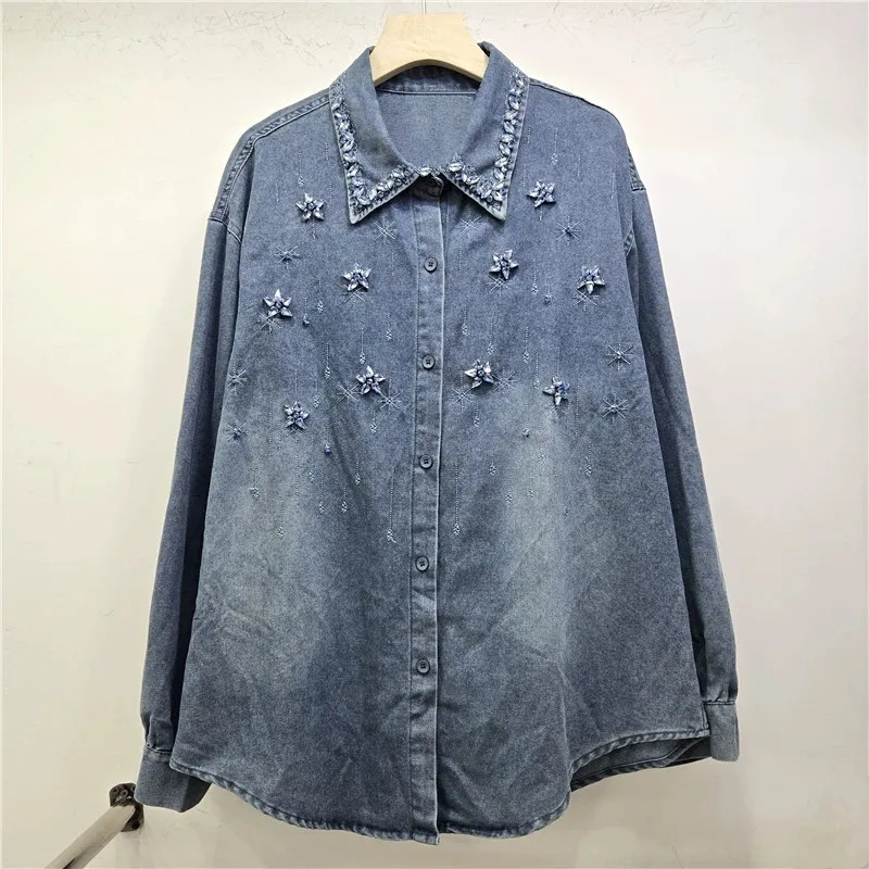 Heavy Work Diamond Denim Shirt Jacket Blue Light Blue Dark Blue Loose Lapel Single-Breasted Long Sleeve Jeans Jacket Autumn New