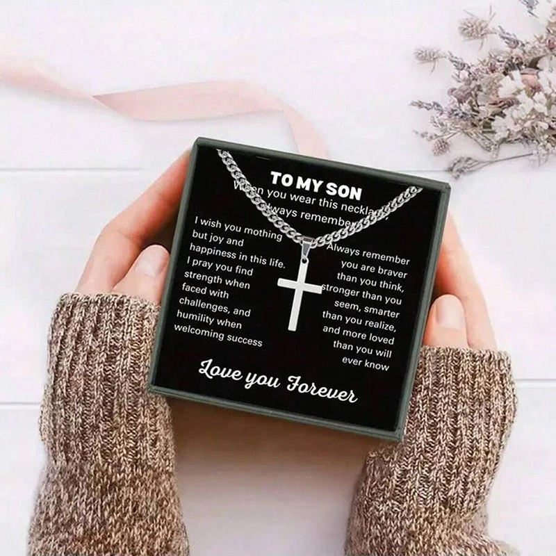 To My Son Stainless Steels Cross Pendant Cuban Chain Necklace With Inspirational Card Gifts