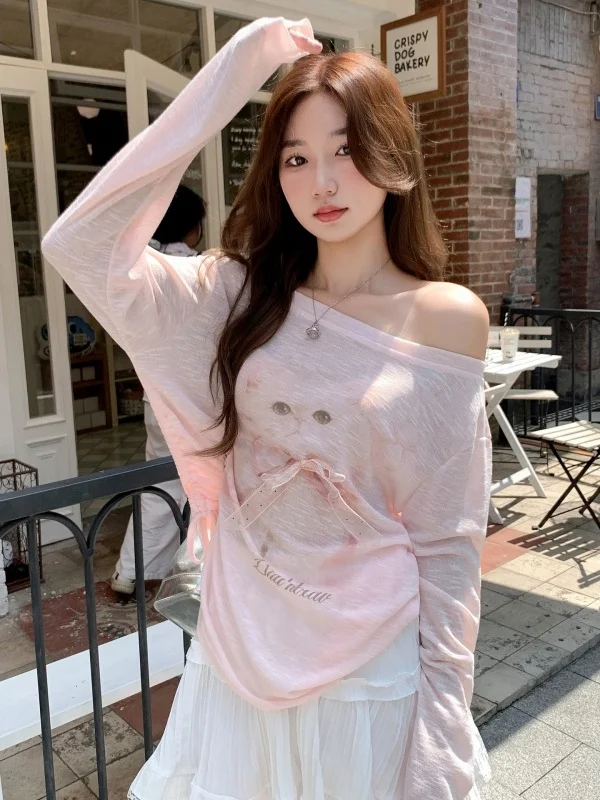 

Pink Bowknot Print Asymmetrical Collar Long Sve T-irt Women's Summer New Loose Wrinkle Sunade Cloak Korean Sle C...
