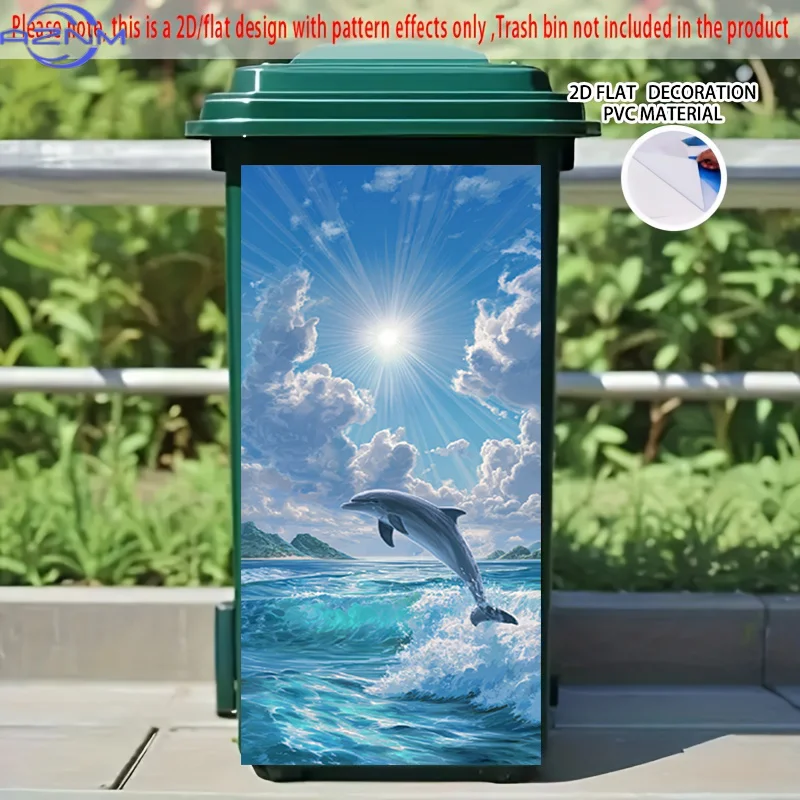 2D Flat Printing 1pc 2D Pattern Printed Kitchen Trash Can Sticker xcm, Dolphin Leaping Through Waves to Greet the Sun Themed K