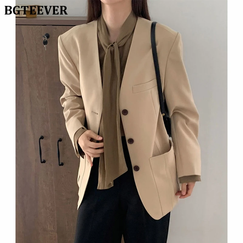 

BGTEEVER Stylish V-neck Single-breasted Female Blazer Jackets Autumn Loose Women Suit Coats
