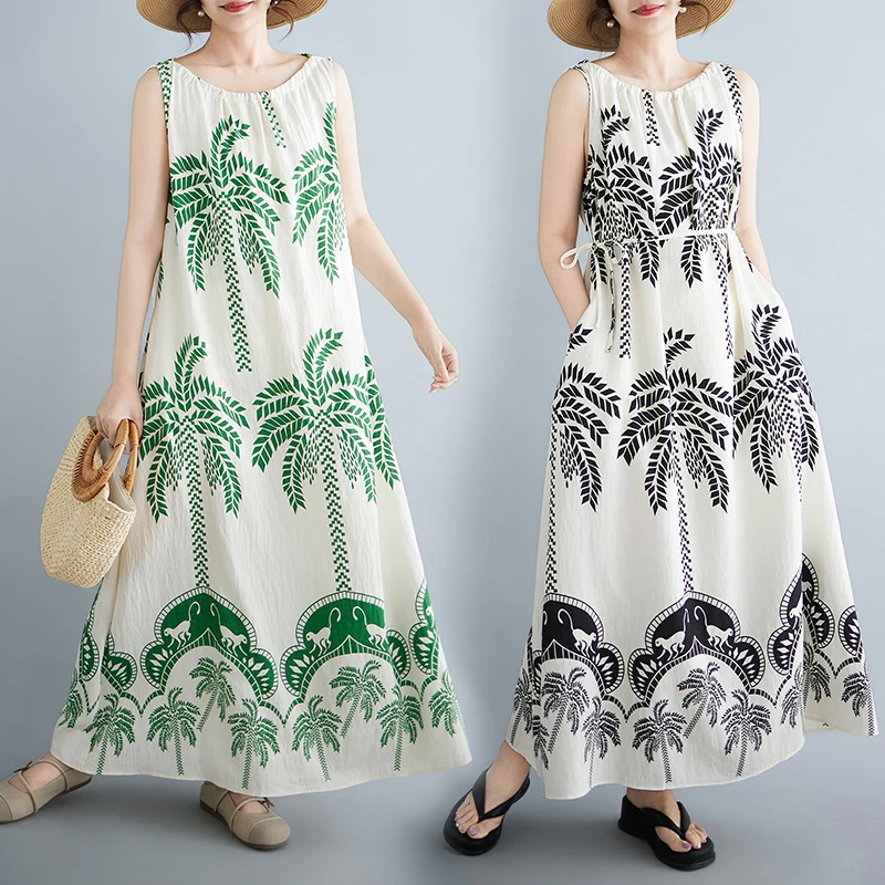 

Summer Large Size Leaf Print Bohemian Style Women's Dress Waist-Cinching Beach Vacation Long Cotton Gown City Walk Fashion