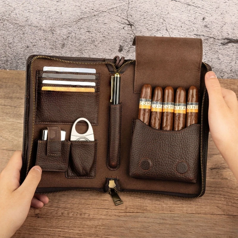 

Vintage PU Leather Cigar Case for 5 Cigars - Travel Cigar Holder with Multi-Pocket Portable Detachable Wrist Strap Men's Gift