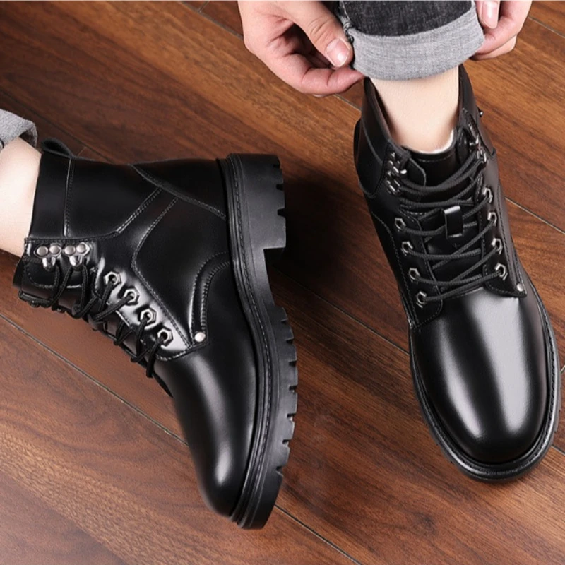 Winter Cow Leather Platform Boots for Men New Soft-soled Designer Warm Cotton Shoes for Men Fashion Casual Ankle Boots Male