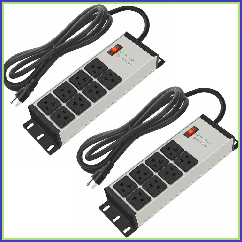

Heavy Duty Power Strip Surge Protector 20 Amp, 8 Outlets, 12 Gauge Shop Garage Metal, 4 FT Cord, 5-15P to 6-20R T-Slot Adapter
