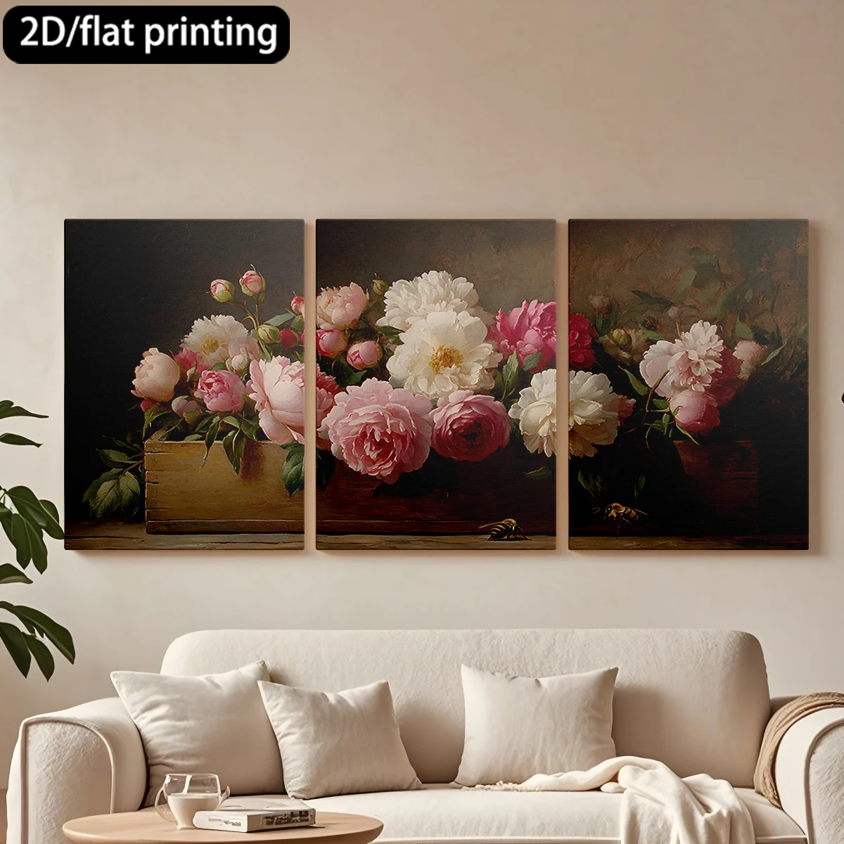 

2D плоская печать, 3-х частная декоративная картина на холсте в деревянной раме: Пионы в коробке, пчёлы. Декор для коридора и спальни.