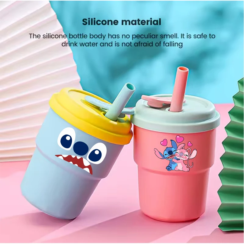 

380ml Disney Stitch Silicone Water Cup with Straw Cute Cartoon Anime Outdoor Travel Fashion Trend Portable New Coffee Cups Gifts