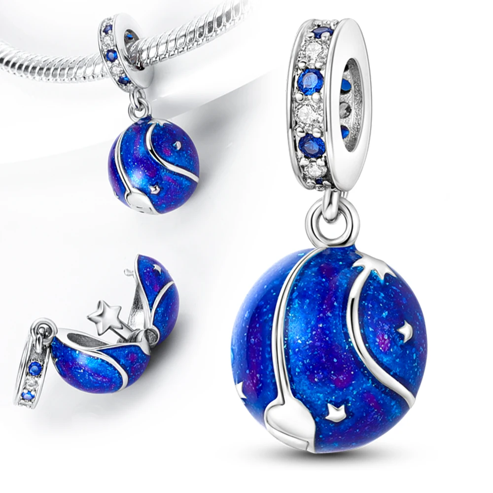 Gran oferta Plata de Ley 925 auténtica estrella de disparo Celestial azul corazón doble encanto ajuste DIY pulsera collares joyería