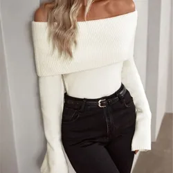 2024 Women's Autumn/Winter Sweater New One Line Neck Slim Fit Fashion Sexy Knitted Long Sleeves Casual Elegant Solid Color