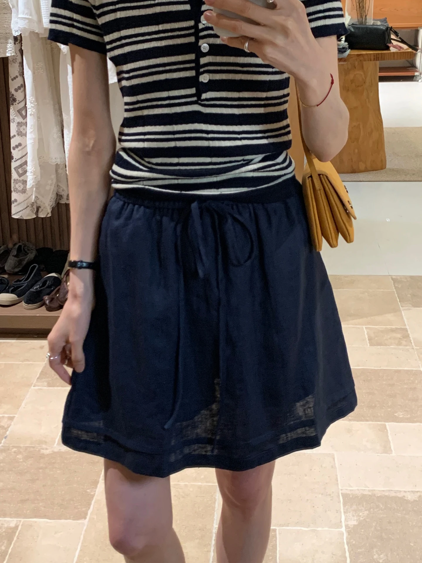 

High Waist Drawstring Linen Midi Skirt Women's Summer Fashionable Short Skirt Anti-Light Small Size A-Line Skirt Elastic Waist