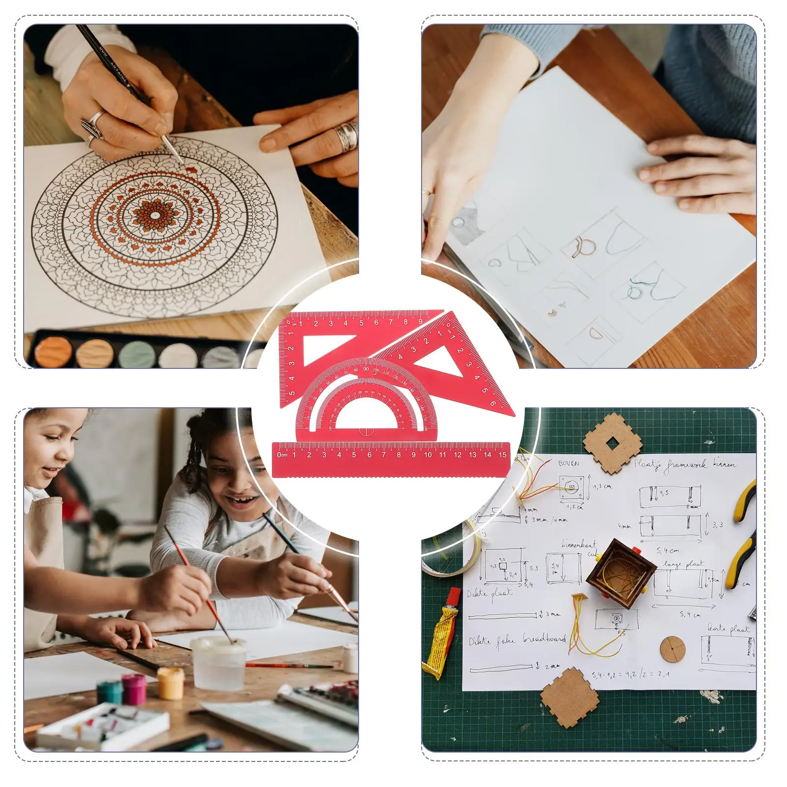 Metal Ruler Set Tools Long Lasting Portable for Students Engineers Triangle Plate Protractor Semicircle Ruler