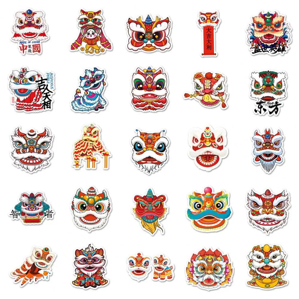 Bright Colorful Lion Dance Stickers Chinese Traditional Culture Trend 50pcs Lion Dance Stickers for Laptop Suitcase Skateboard