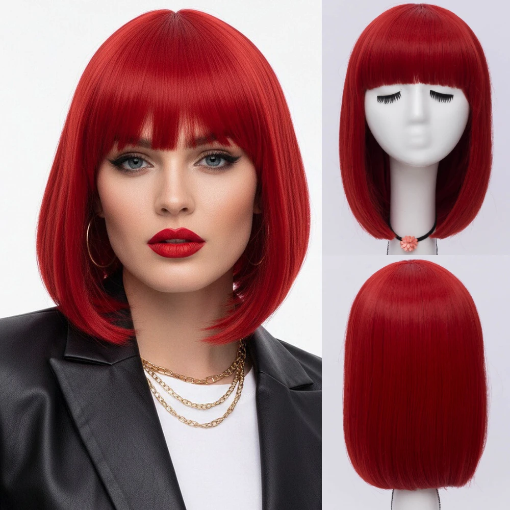 

Женский дышащий синтетический красный парик для косплея, короткий прямой с челкой, химическое волокно премиум-класса