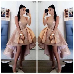 Luxurious Sequin Rose Gold High Neck Ball Gown Sexy Short Front Short Back Long Sleeveless Formal Party Evening Gown Cocktail