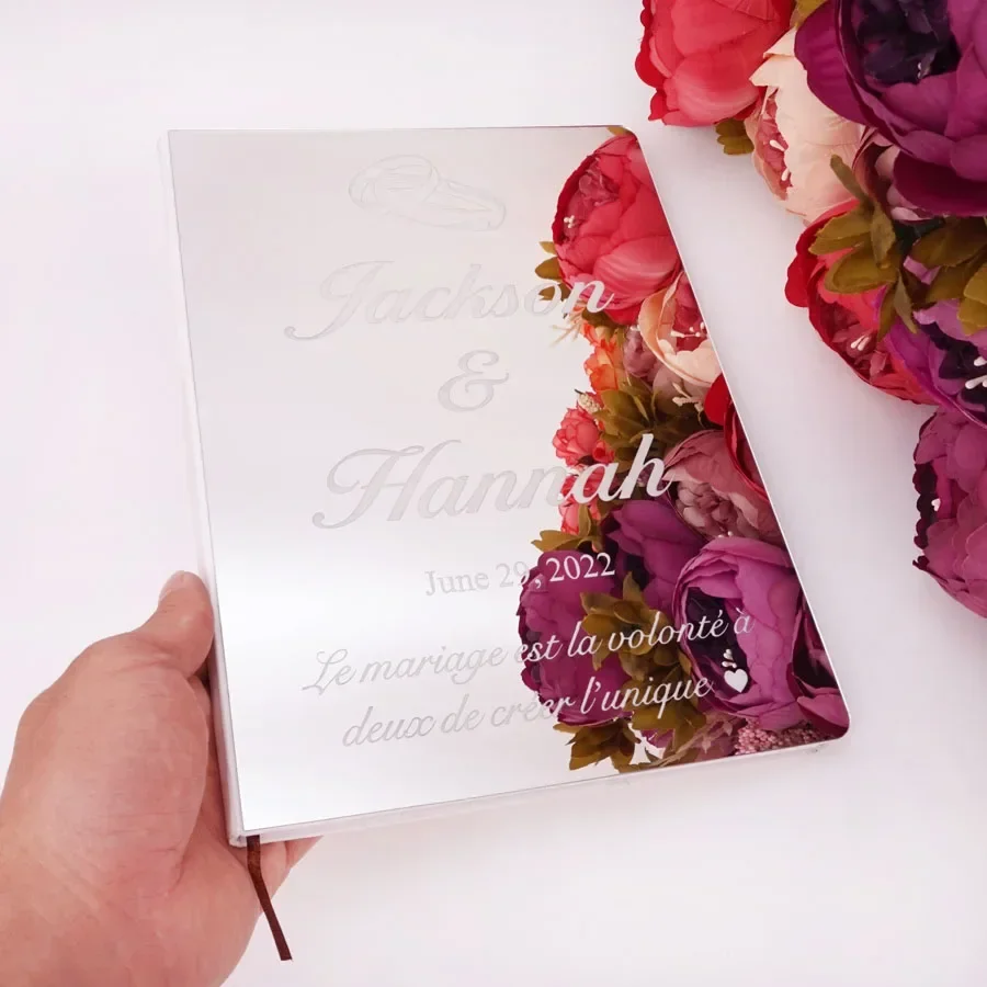 دفتر الزوار الأكريليك الشخصي محفور هدايا الزفاف المخصصة كتاب التوقيع مع حلقات حفلة تحقق في ديكور حفلات سجل الزوار #3