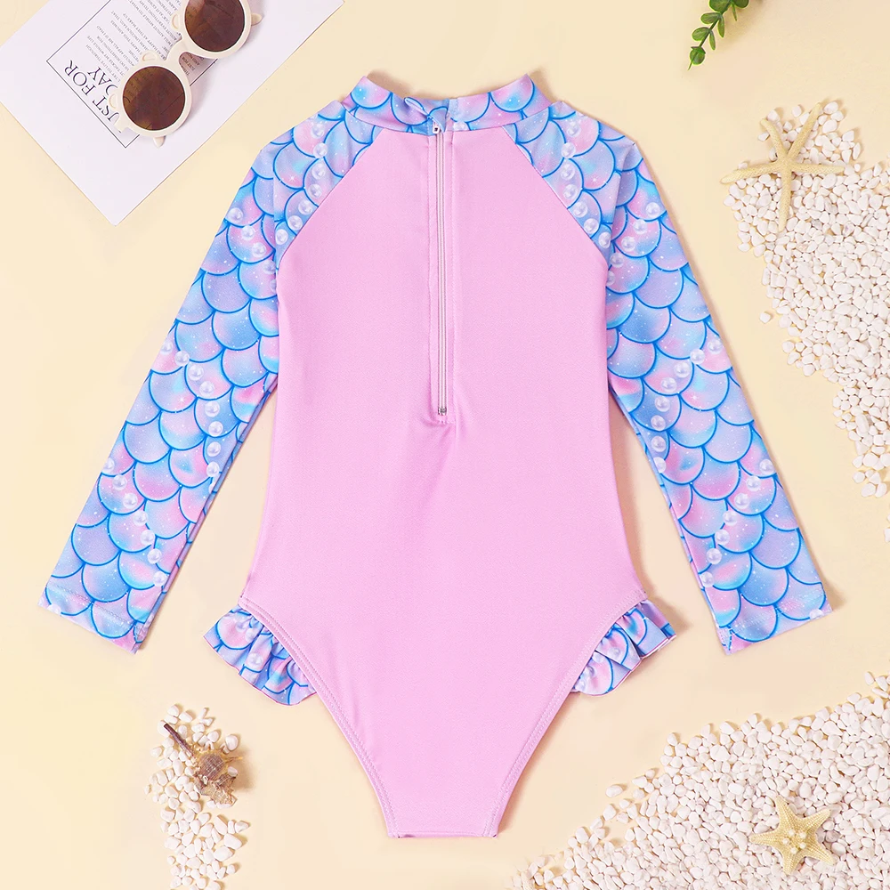 Toddler Girl Long Sleeve Ruffle Swimsuit One Piece Zipper Swimwear Kids Hawaiian Bathing Suit Unicorn Swim Shirts for Surfing