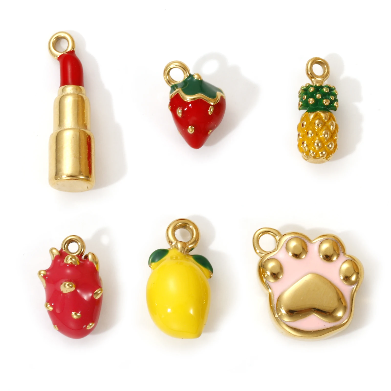 1 Piece 304 Stainless Steel Charms 18K Real Gold Plated Enamel Lipstick Strawberry Mango Pineapple Pendant Necklace DIY Making