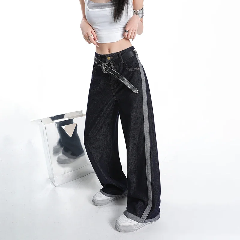 Y2K 女性コントラストスプライシングジーンズディープブルーハイウエストワイドレッグルーズフィット痩身長ズボン