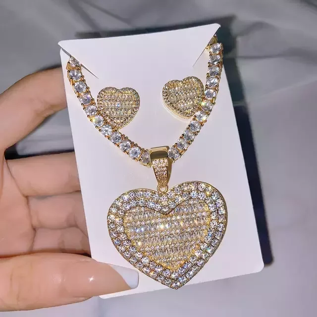 In Stock Iced Out Bling Women Jewelry 5A White Cubic Zirconia Heart Shaped Pendant Necklace With Tennis Box Chain