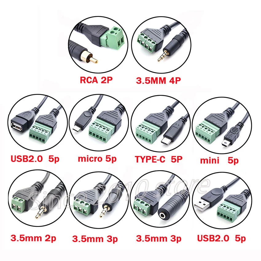 USB 2.0 Female Micro Usb MiniType-C Male 3-pin 5-pin Bolt Screw Connector With Shield Terminal Plug Adapter Cable Power Cord