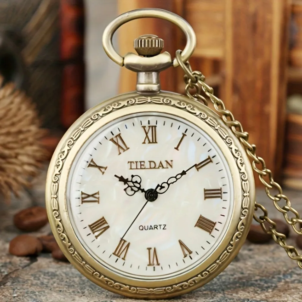 Vintage Bronz Men'S Quartz Pocket Watch with Roman Numerals, Round Alloy Case, Electronic Drive, Non-Waterproof, World-Time Feat