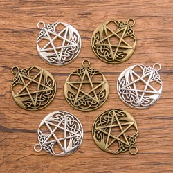 4PCS 30X35mm 2 Color Wholesale Metal Alloy Hollow Round Pentagram Charms Star Pendant For Jewelry Making DIY Handmade Craft