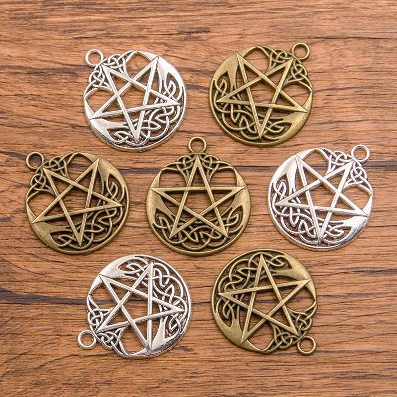 4PCS 30X35mm 2 Color Wholesale Metal Alloy Hollow Round Pentagram Charms Star Pendant For Jewelry Making DIY Handmade Craft