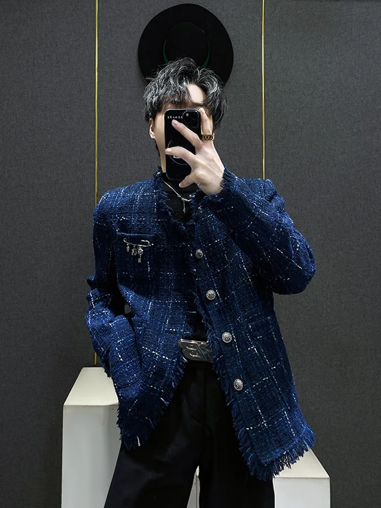 

Мужской пиджак премиум-класса синего цвета, новинка осени 2024, из грубого твида, с подплечниками и бахромой, молодежный повседневный стиль, верхняя одежда