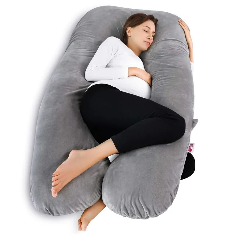 Pregnancy Pillow, U Shaped Pregnancy Body Pillow with Zipper Removable Cover (Gray- Velvet)