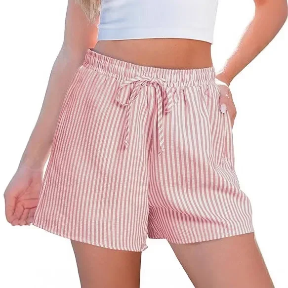 Pantaloncini a righe da donna estivi pop Vita alta da spiaggia Cintura elastica con coulisse casual con tasca Cintura leggera alla moda da donna