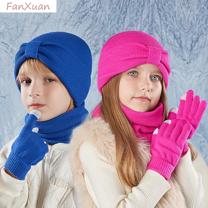 children winter hats snood gloves set 3pcs for kids girls boys knit beanies double layer fleece-lined snood solid color 3-8Years