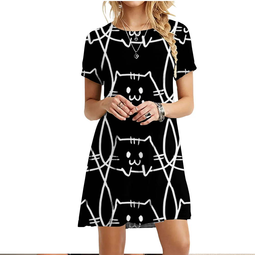 Cute Fashion Cartoon Cats Dresses For Women 2022 Short Sleeve Summer Loose Clothing Oversized Street Casual Pattern Print Dress