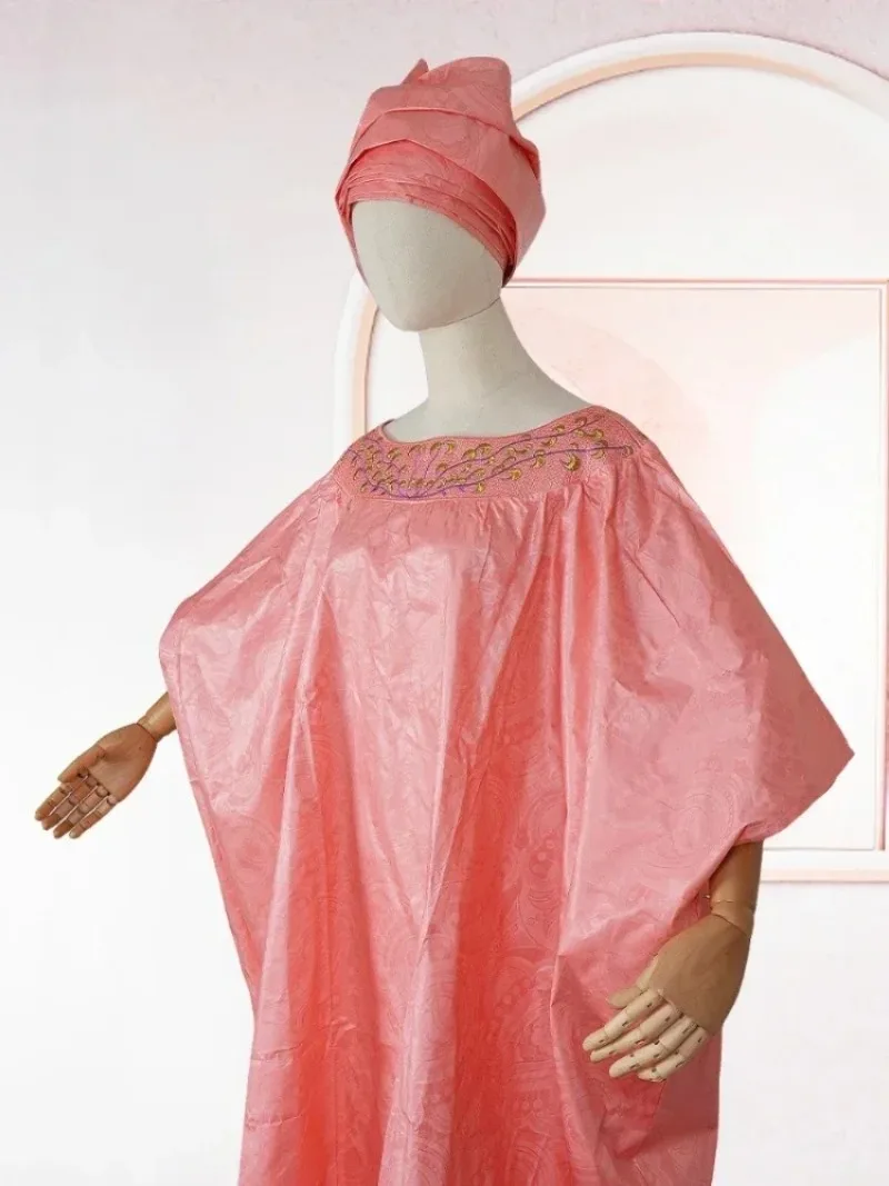 

2025 African Dresses for Women Dashiki Traditional Embroidery Bazin Gown Ankara Pink Robes Outfits Wedding Evening