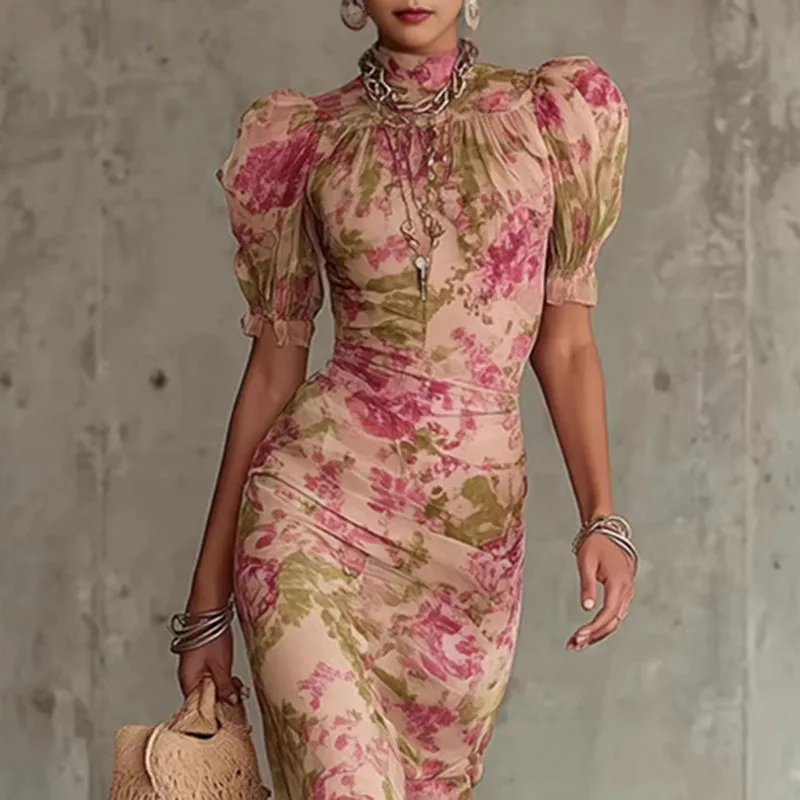 Elegant Floral Print Bodycon Maxi Dress Woman Spring High Neck Ruffle Hem Long Dress New Summer Puff Sleeve Bohemian Party Dress