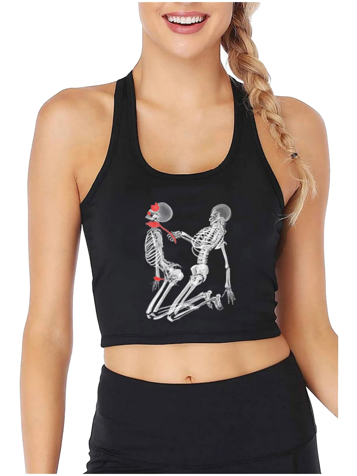 Bad To The Leg Funny Flirtation Sexy Slim Fit Crop Top Women's Skeleton Kneeling Pose Design Tank Tops Gothic Cotton Camisole