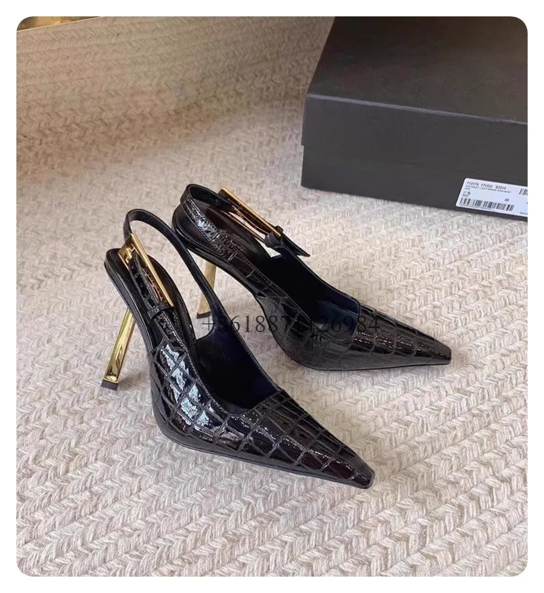 Black Pointed Toe Pumps Shoes Thin High Heels Fashion Style Patent Leather Buckle Strap Design Elegant Fashionable And Gorgeous