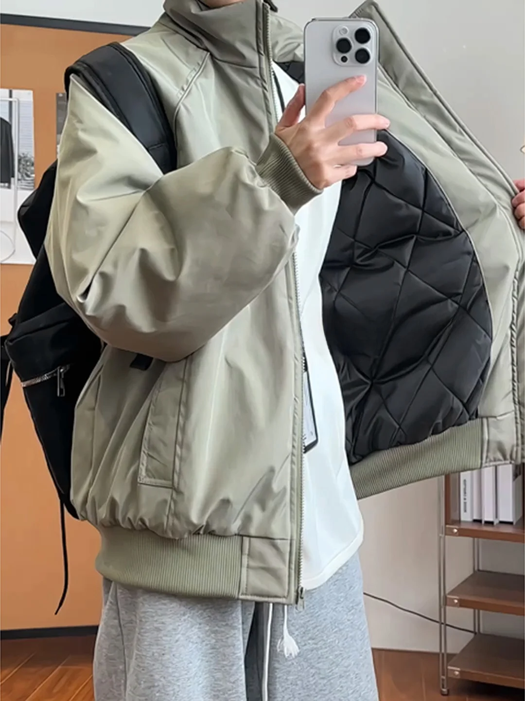 

Мужская зимняя теплая утолщенная куртка-бомбер из хлопка цвета хаки, повседневная, однотонная, на молнии