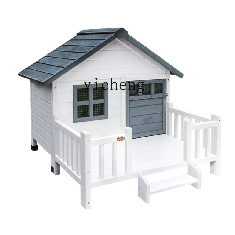 Xl Outdoor Dog House Solid Wood with Balcony Doors and Windows Rain-Proof Sun-Proof Medium and Small Dog House