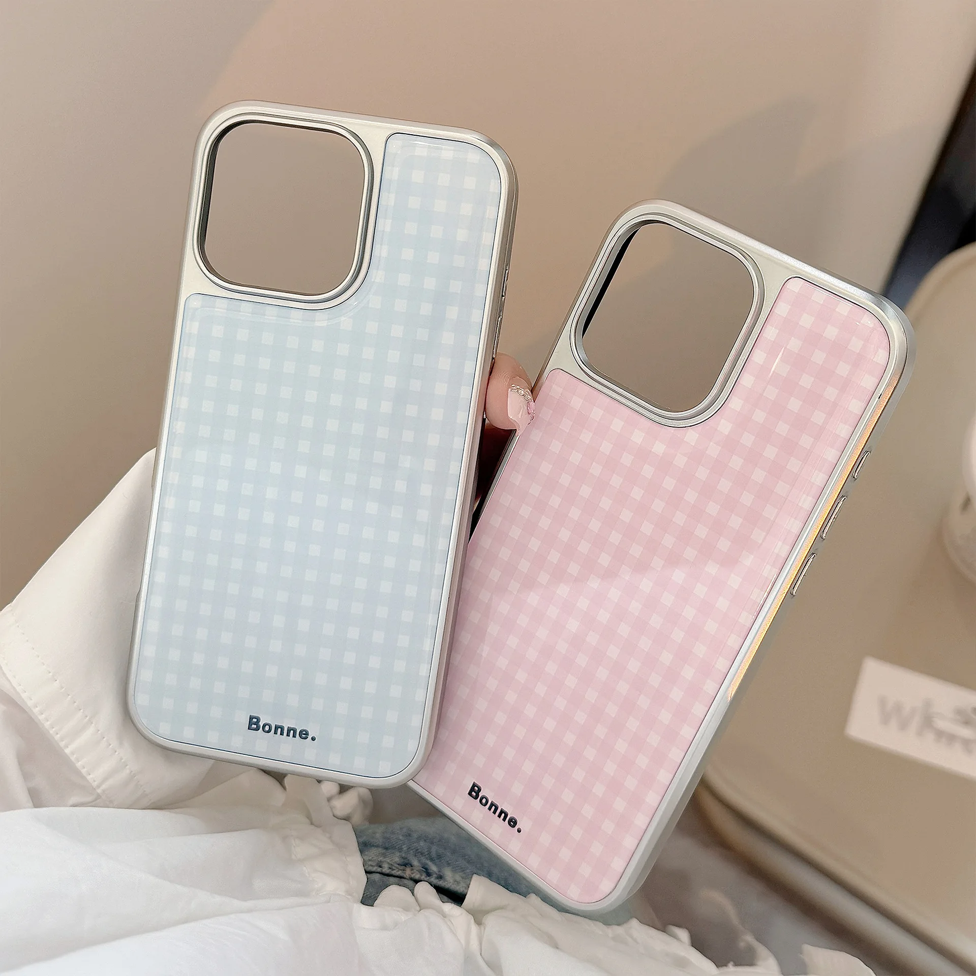 Korean Pink Blue Plaid Drop Glue Silver Edge Plating Phone Case for iPhone 17 Air 16 15 14 13 12 Pro Max Shockproof Hard Cover - view 2